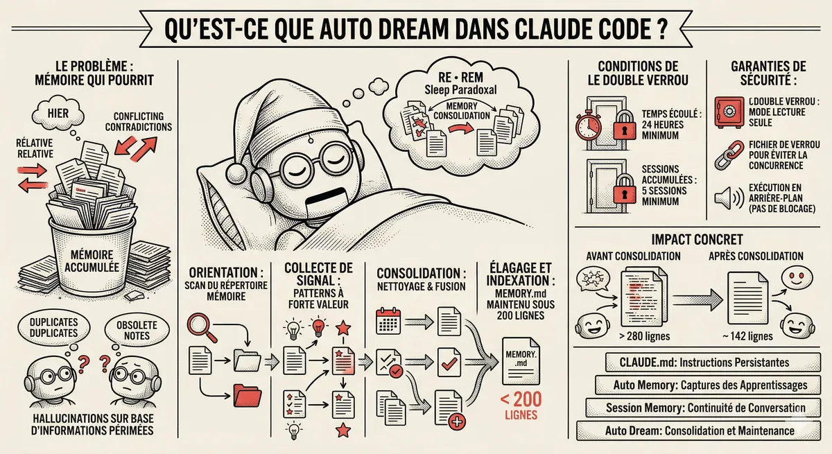 Illustration du système Auto Dream dans Claude Code consolidant la mémoire entre les sessions